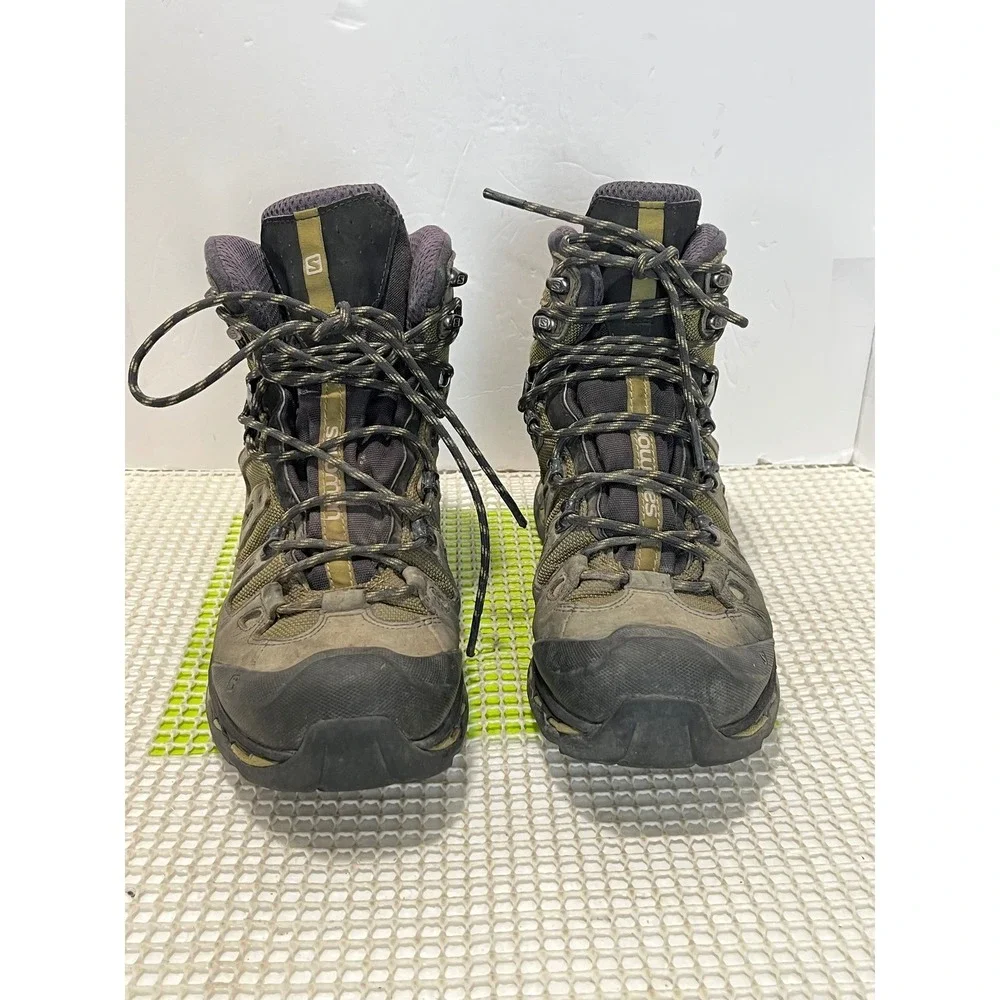 Salomon Quest 4D GTX Hiking Boots M's 10 Olive Green 2 hook missing stain tear